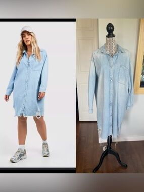 100% Cotton Oversized Distressed Denim Button Down Dress. Large/XL